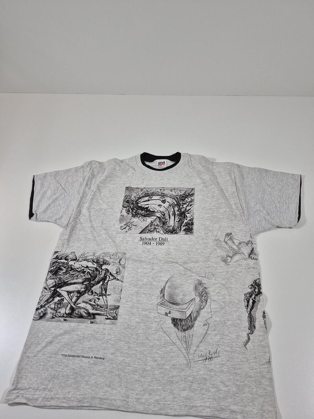 Vintage Salvador Dali Art Shirt Men's XL Gray Ringer Museum Graphic Tee USA AOP